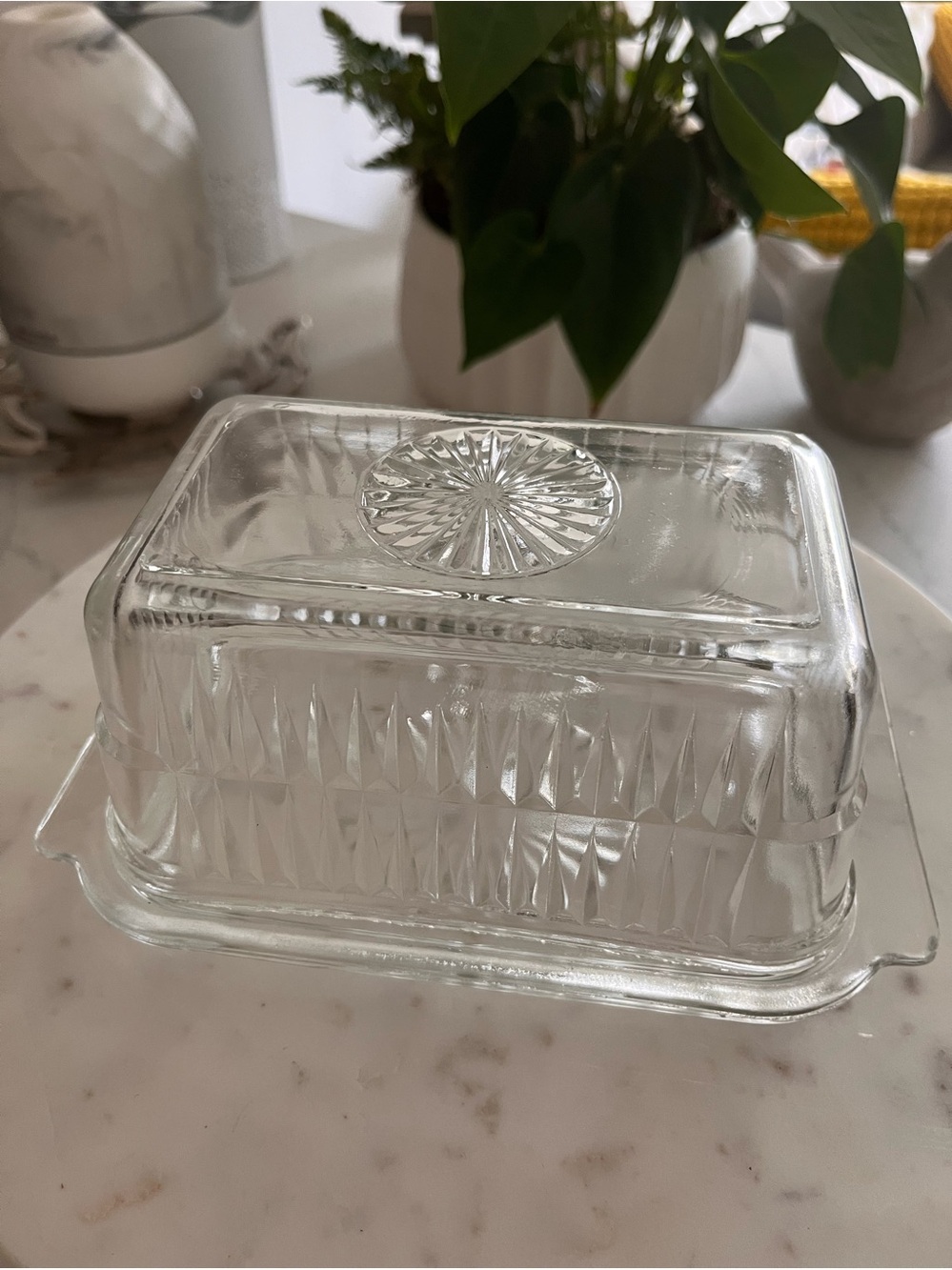 Vintage Pressed Glass Butter Dish with Lid Starburst Pattern Clear Glass